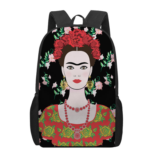 Frida Kahlo And Pink Flower Print 17 Inch Backpack