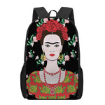 Frida Kahlo And Pink Flower Print 17 Inch Backpack