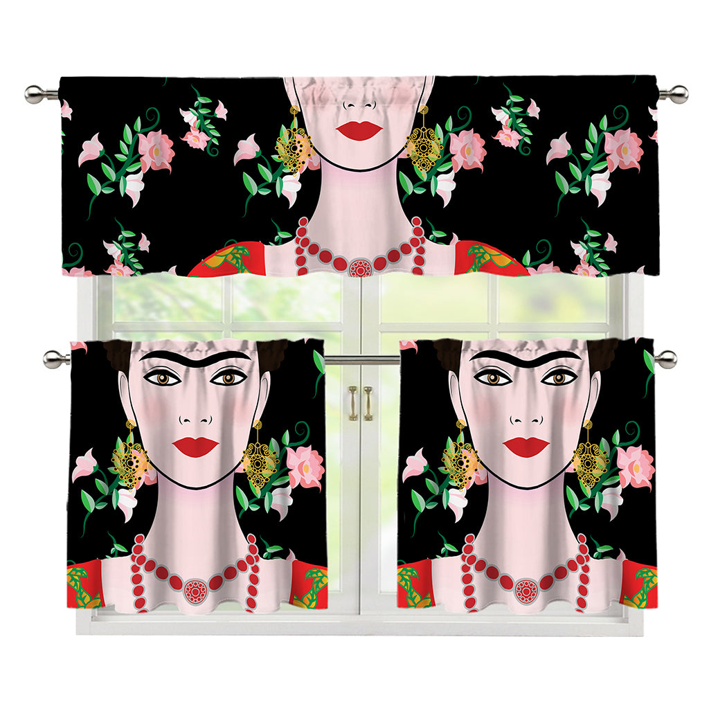 Frida Kahlo And Pink Flower Print 3 Piece Kitchen Curtains
