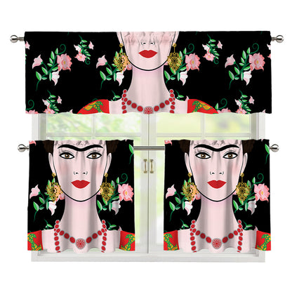 Frida Kahlo And Pink Flower Print 3 Piece Kitchen Curtains
