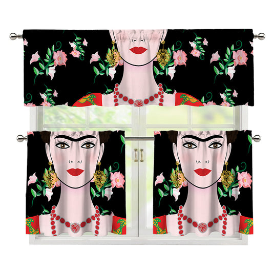 Frida Kahlo And Pink Flower Print 3 Piece Kitchen Curtains