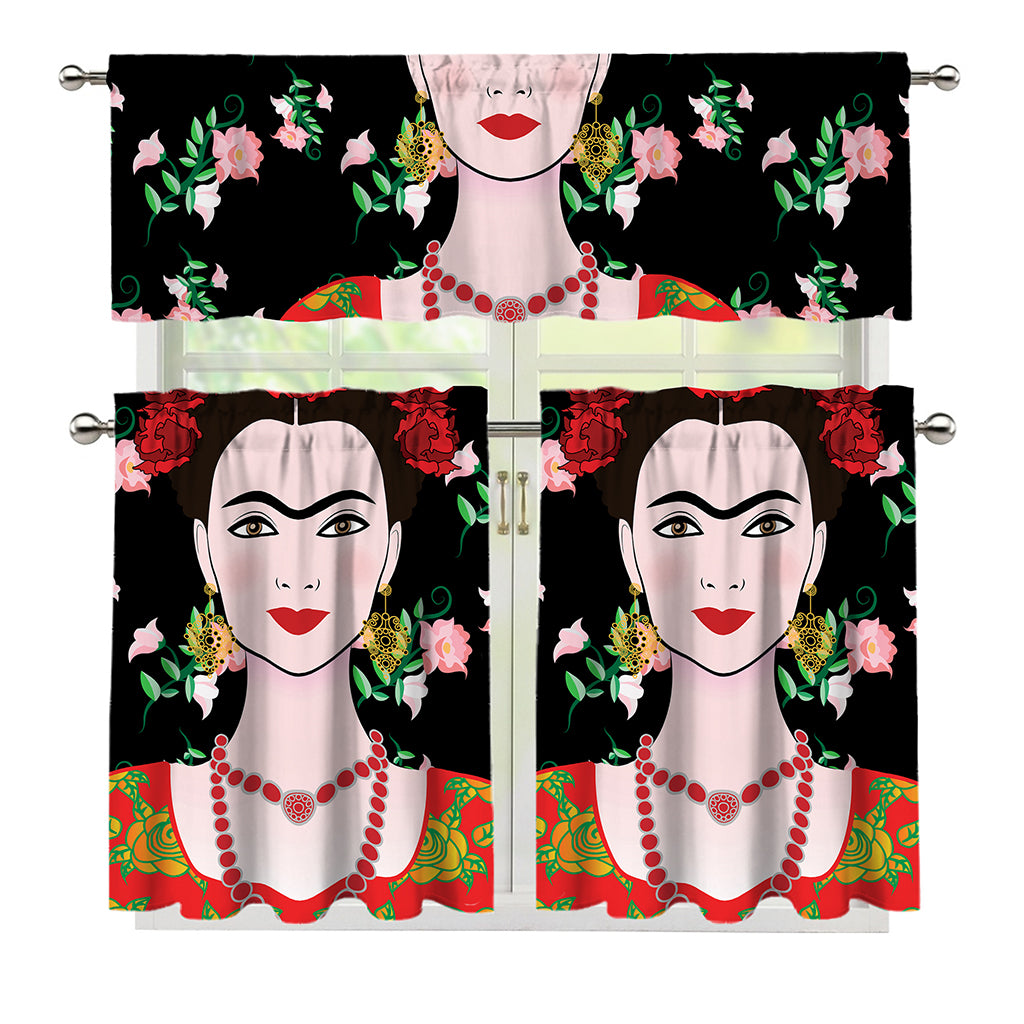 Frida Kahlo And Pink Flower Print 3 Piece Kitchen Curtains