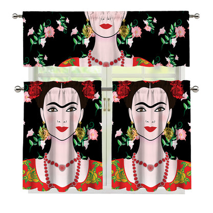 Frida Kahlo And Pink Flower Print 3 Piece Kitchen Curtains