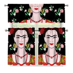 Frida Kahlo And Pink Flower Print 3 Piece Kitchen Curtains