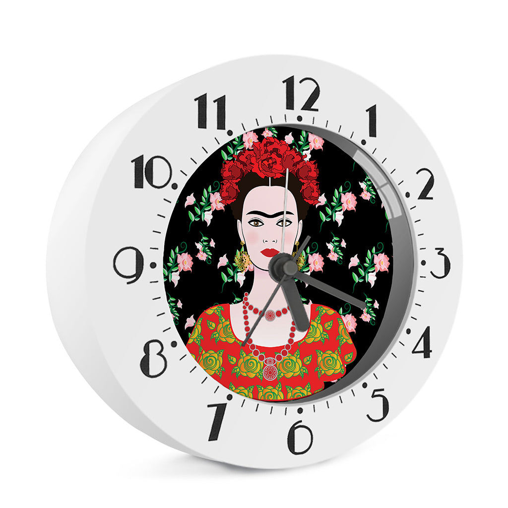 Frida Kahlo And Pink Flower Print Alarm Clock