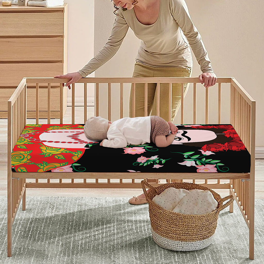 Frida Kahlo And Pink Flower Print Baby Crib Sheet