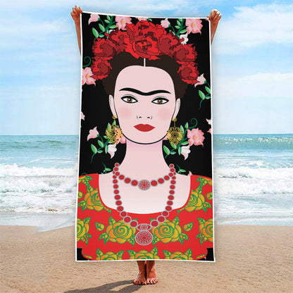 Frida Kahlo And Pink Flower Print Beach Towel