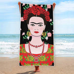 Frida Kahlo And Pink Flower Print Beach Towel