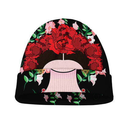 Frida Kahlo And Pink Flower Print Beanie