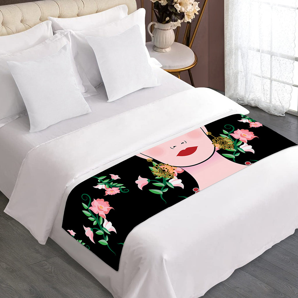 Frida Kahlo And Pink Flower Print Bed Runner