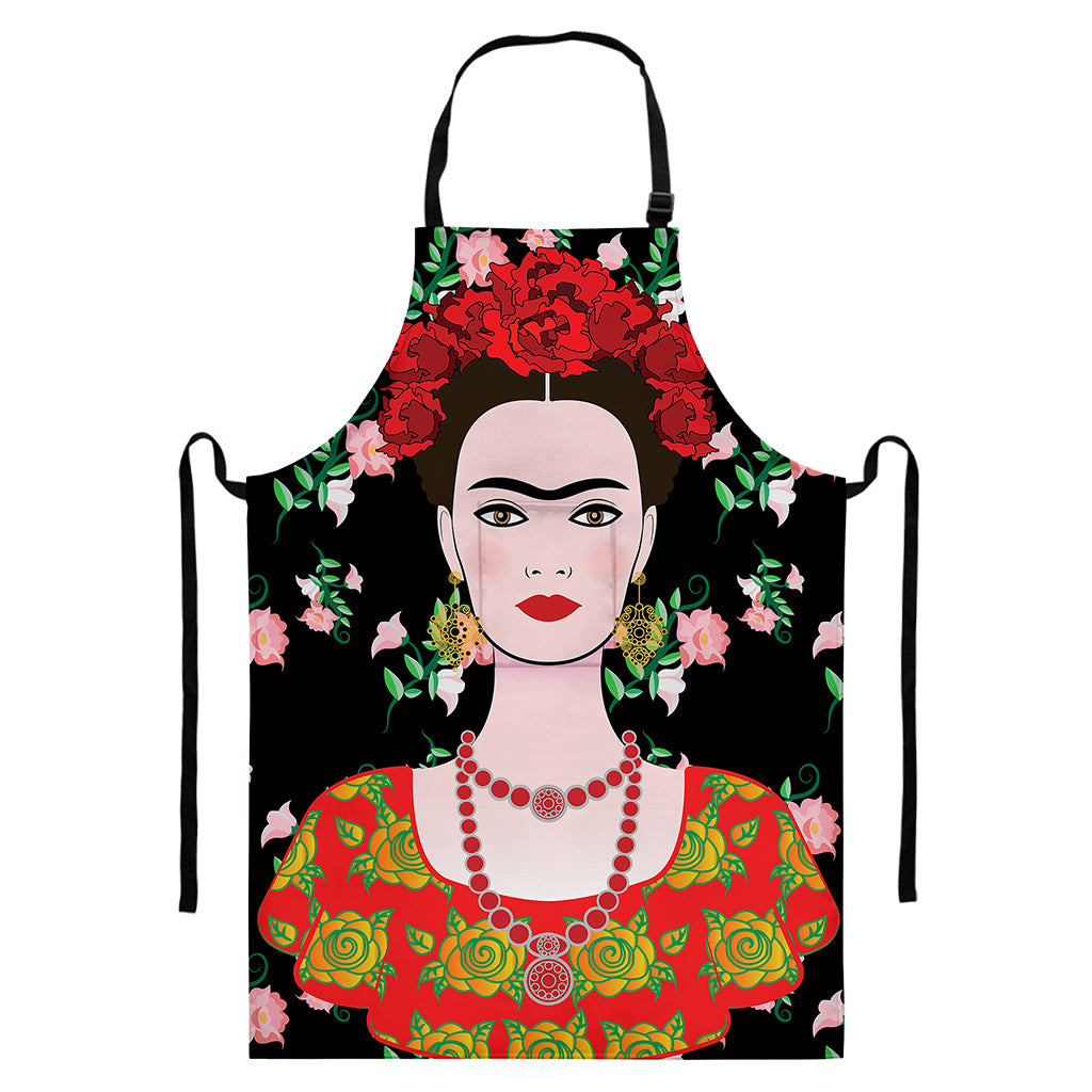 Frida Kahlo And Pink Flower Print Bib Apron With Pocket