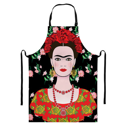Frida Kahlo And Pink Flower Print Bib Apron With Pocket