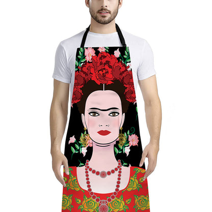 Frida Kahlo And Pink Flower Print Bib Apron With Pocket