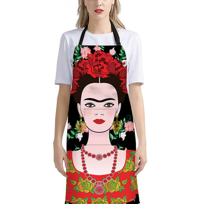 Frida Kahlo And Pink Flower Print Bib Apron With Pocket