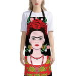 Frida Kahlo And Pink Flower Print Bib Apron With Pocket