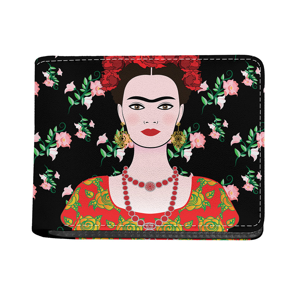 Frida Kahlo And Pink Flower Print Bifold Wallet