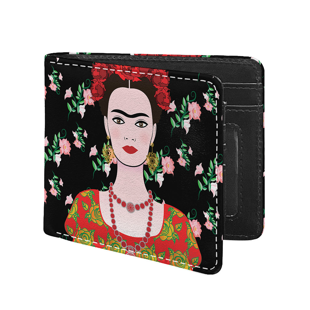 Frida Kahlo And Pink Flower Print Bifold Wallet