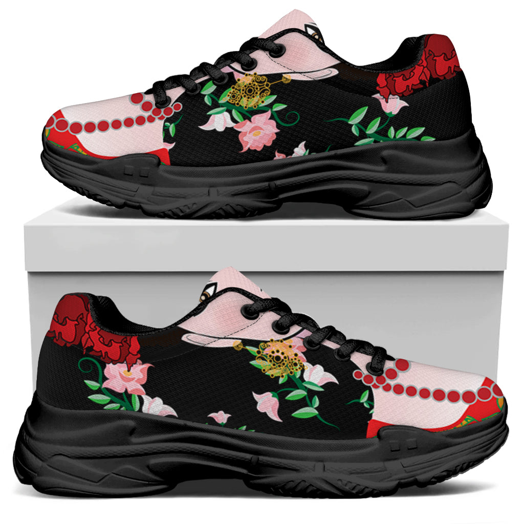 Frida Kahlo And Pink Flower Print Black Chunky Shoes