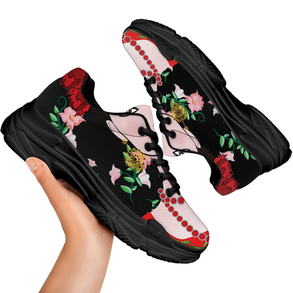 Frida Kahlo And Pink Flower Print Black Chunky Shoes