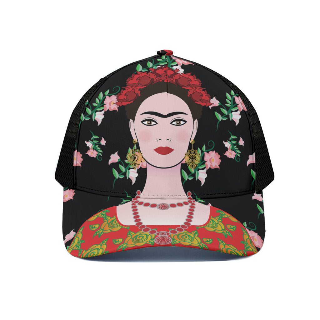 Frida Kahlo And Pink Flower Print Black Mesh Trucker Cap