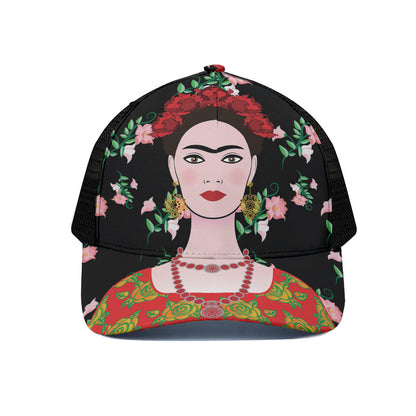 Frida Kahlo And Pink Flower Print Black Mesh Trucker Cap