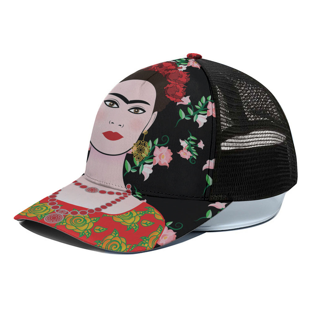 Frida Kahlo And Pink Flower Print Black Mesh Trucker Cap
