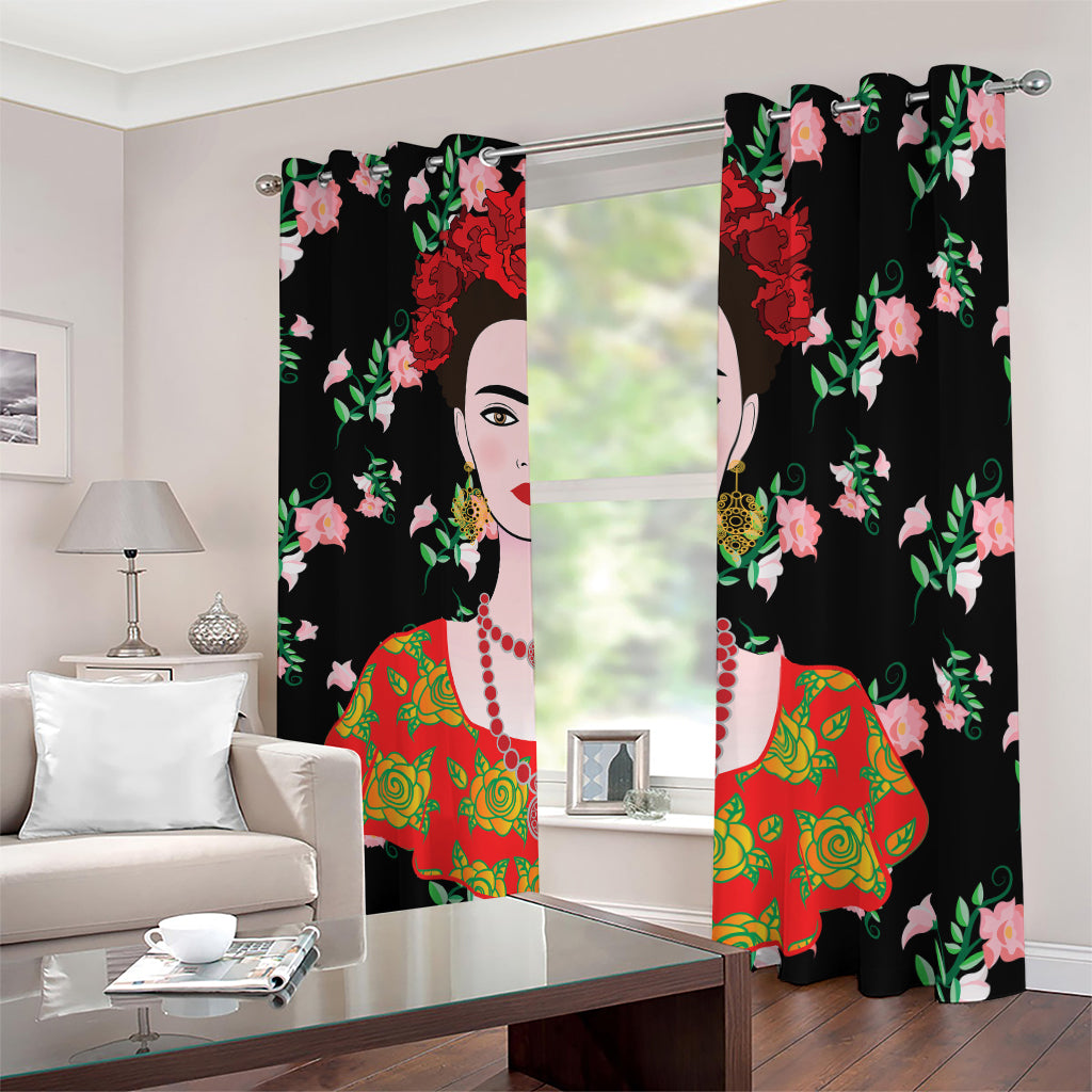 Frida Kahlo And Pink Flower Print Blackout Grommet Curtains