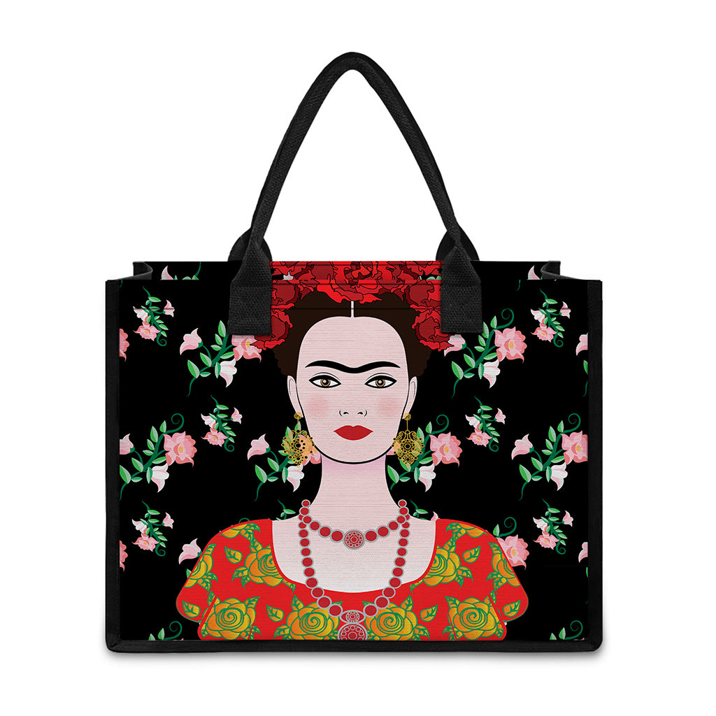 Frida Kahlo And Pink Flower Print Canvas Tote Bag