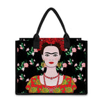 Frida Kahlo And Pink Flower Print Canvas Tote Bag