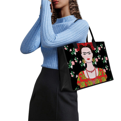 Frida Kahlo And Pink Flower Print Canvas Tote Bag