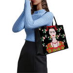 Frida Kahlo And Pink Flower Print Canvas Tote Bag