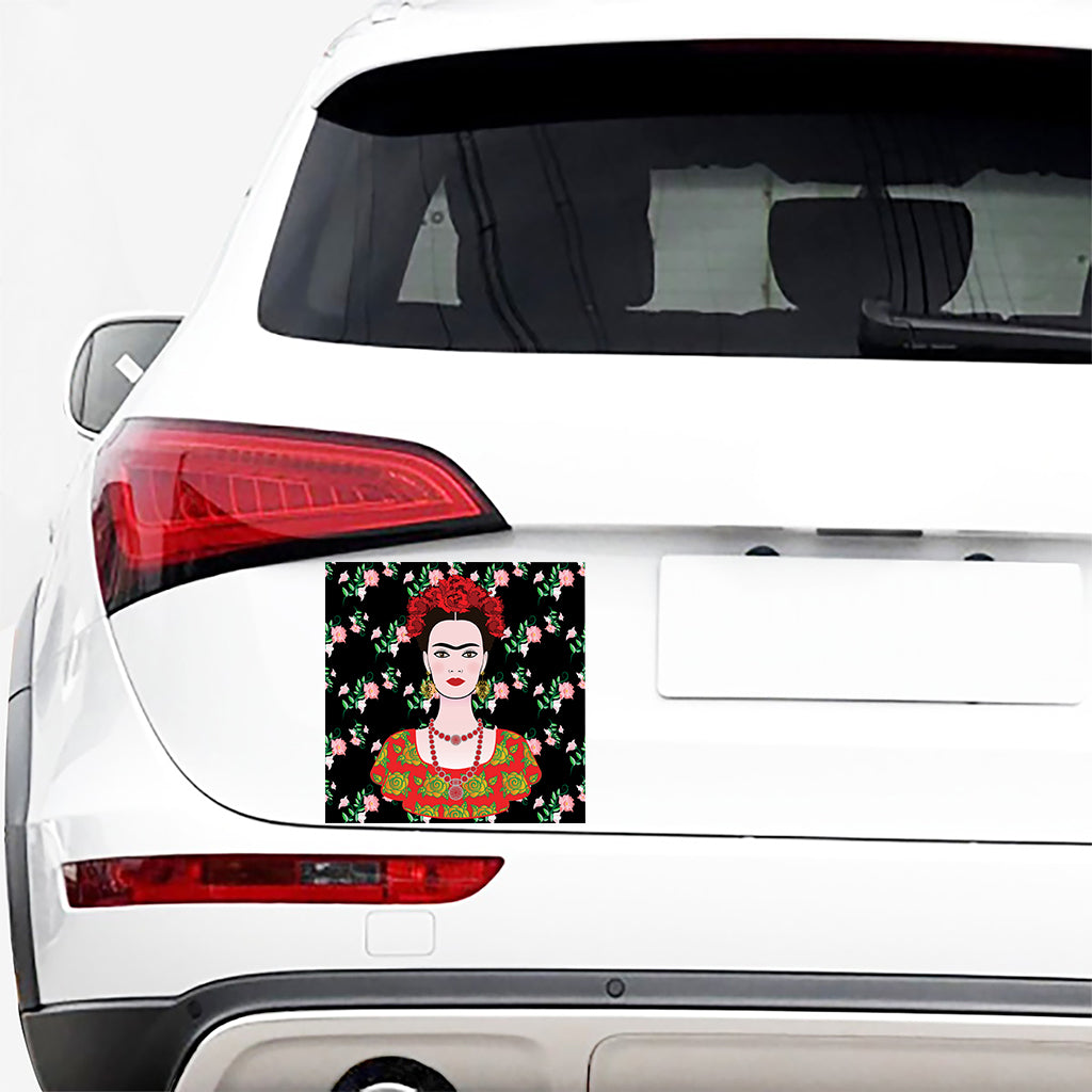 Frida Kahlo And Pink Flower Print Car Sticker