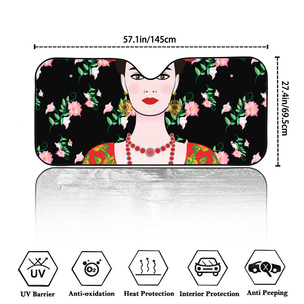 Frida Kahlo And Pink Flower Print Car Windshield Sun Shade