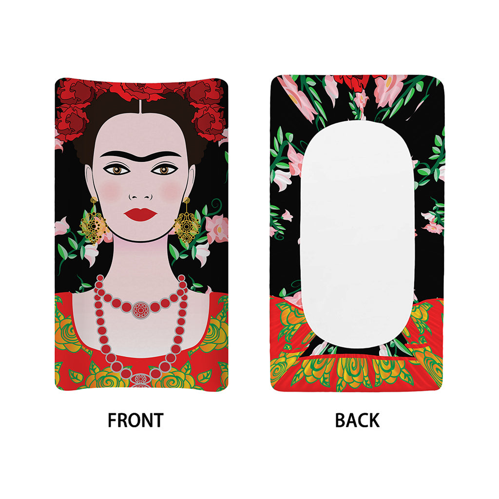 Frida Kahlo And Pink Flower Print Changing Pad Cover