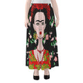 Frida Kahlo And Pink Flower Print Chiffon Maxi Skirt