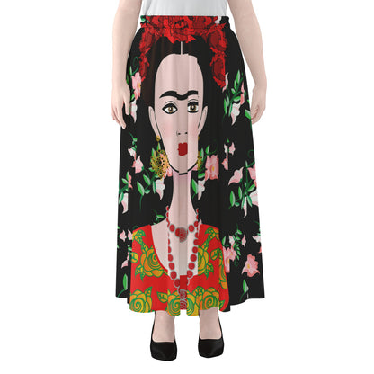 Frida Kahlo And Pink Flower Print Chiffon Maxi Skirt