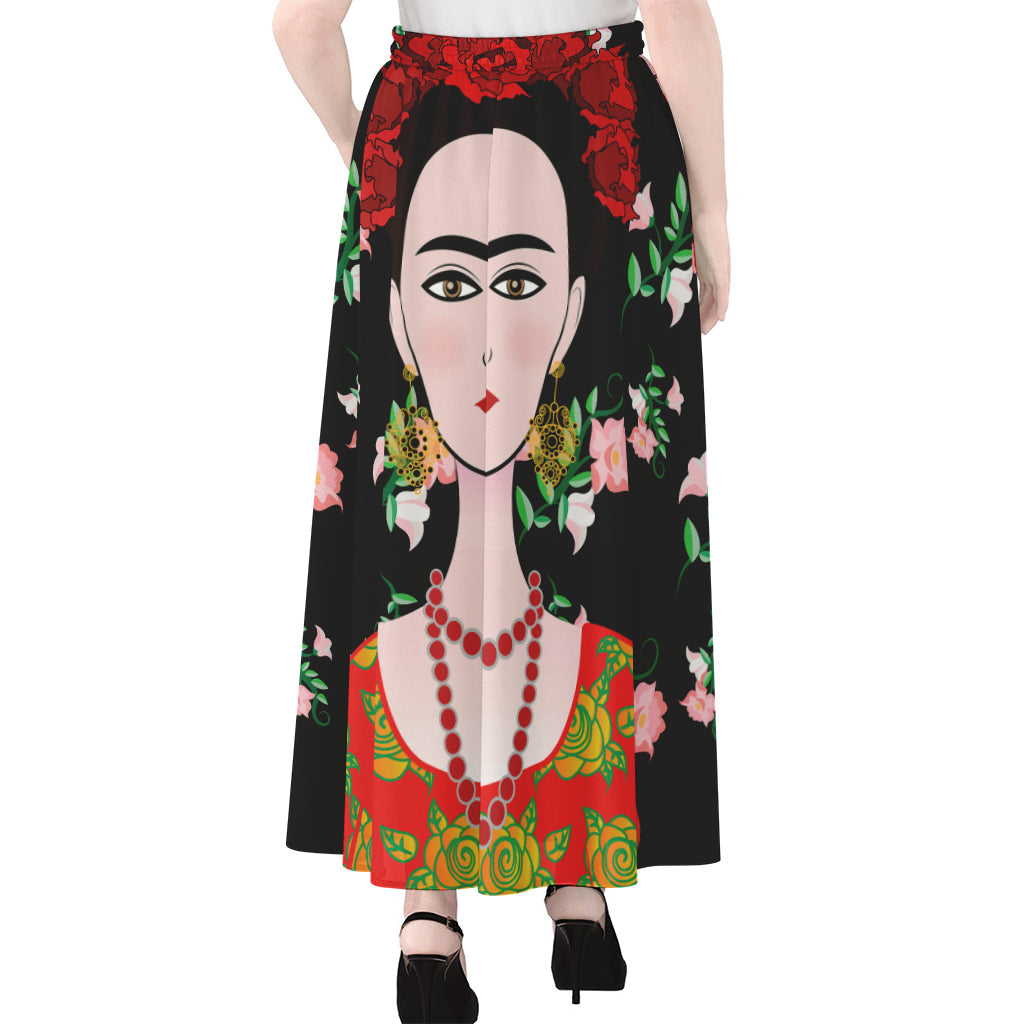 Frida Kahlo And Pink Flower Print Chiffon Maxi Skirt