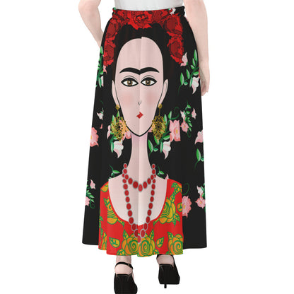 Frida Kahlo And Pink Flower Print Chiffon Maxi Skirt