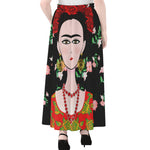 Frida Kahlo And Pink Flower Print Chiffon Maxi Skirt