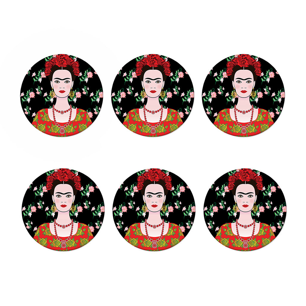 Frida Kahlo And Pink Flower Print Coaster Set