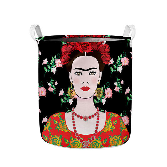 Frida Kahlo And Pink Flower Print Collapsible Laundry Basket