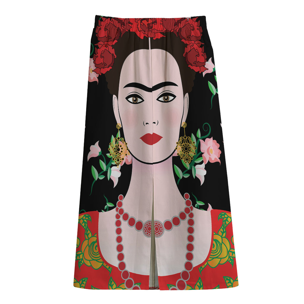 Frida Kahlo And Pink Flower Print Cotton Front Slit Maxi Skirt