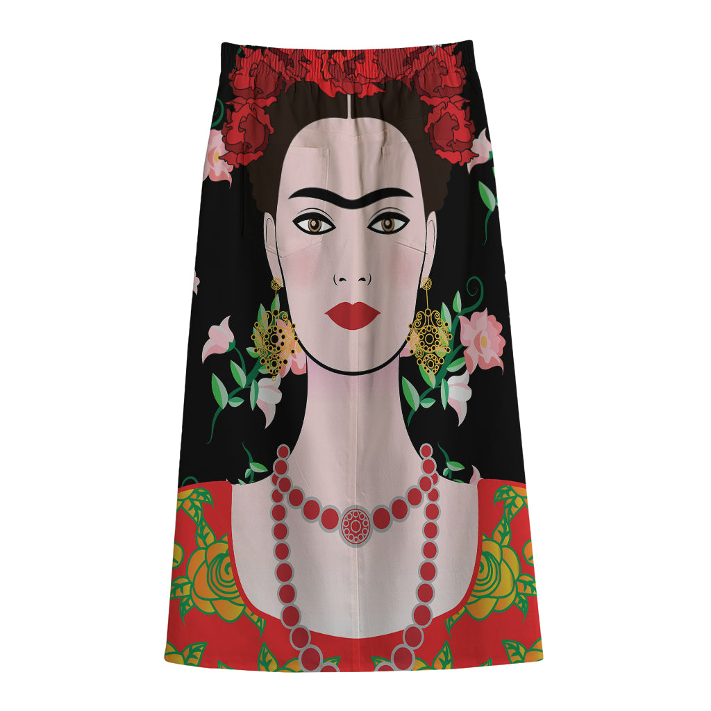 Frida Kahlo And Pink Flower Print Cotton Front Slit Maxi Skirt