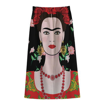 Frida Kahlo And Pink Flower Print Cotton Front Slit Maxi Skirt