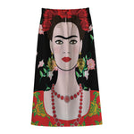 Frida Kahlo And Pink Flower Print Cotton Front Slit Maxi Skirt