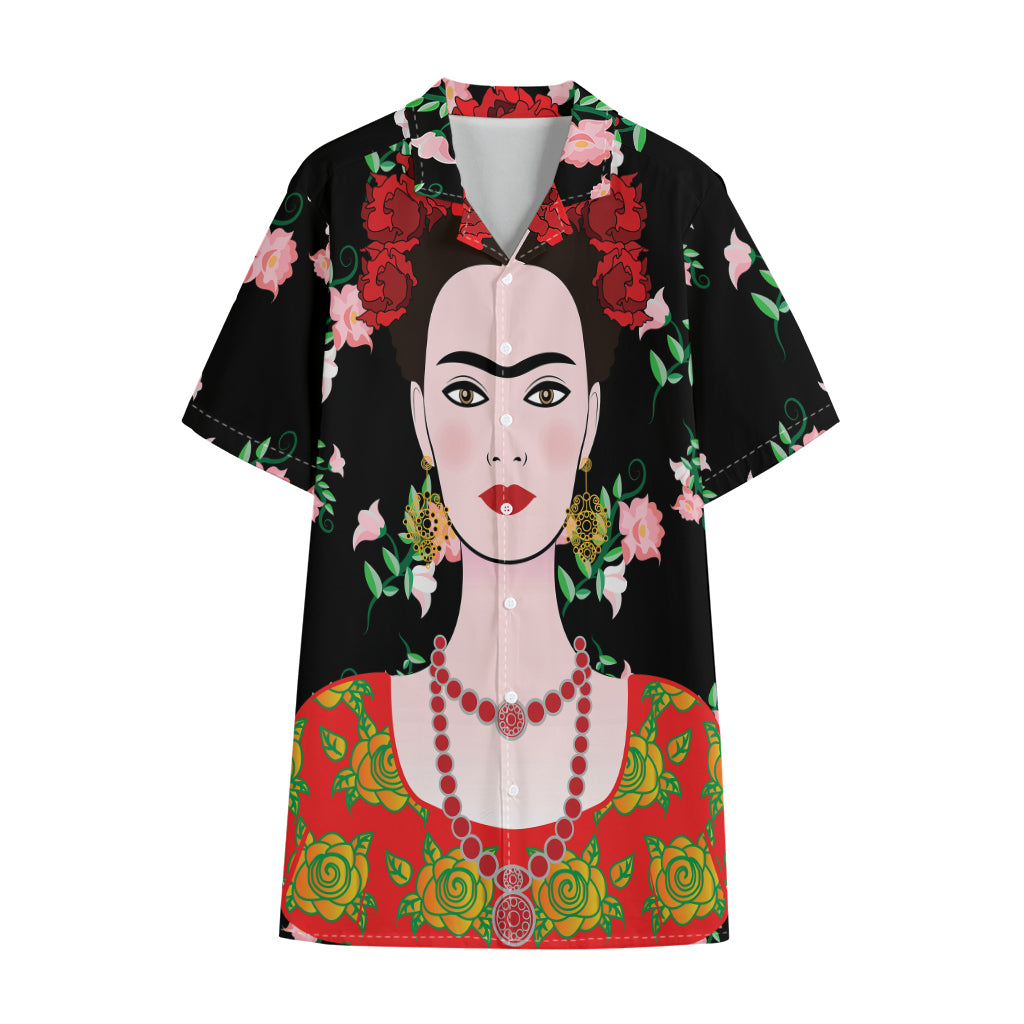 Frida Kahlo And Pink Flower Print Cotton Hawaiian Shirt