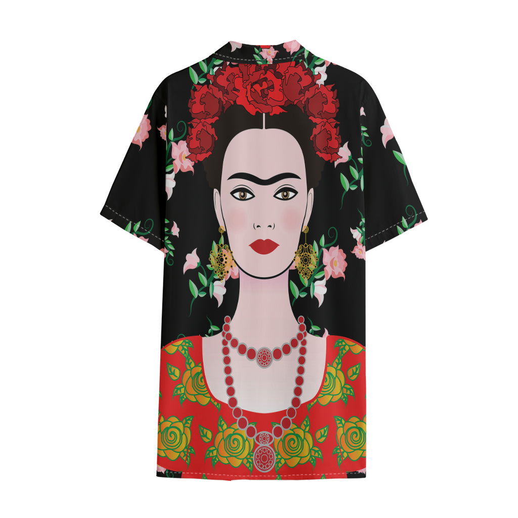Frida Kahlo And Pink Flower Print Cotton Hawaiian Shirt