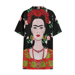 Frida Kahlo And Pink Flower Print Cotton Hawaiian Shirt