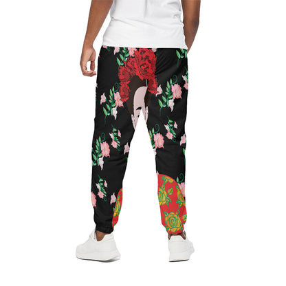 Frida Kahlo And Pink Flower Print Cotton Pants