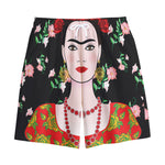 Frida Kahlo And Pink Flower Print Cotton Shorts